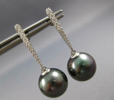 ESTATE LARGE .19CT DIAMOND & TAHITIAN PEARL 14KT WHITE GOLD BAR HANGING EARRINGS