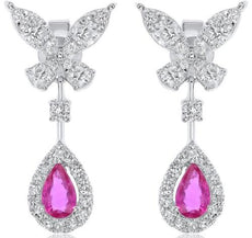 1.01CT DIAMOND & AAA RUBY 14K WHITE GOLD 3D BUTTERFLY TEAR DROP HANGING EARRINGS