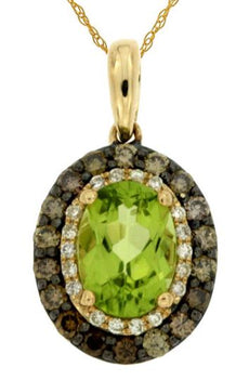 1.19CT WHITE & MOCHA DIAMOND & AAA PERIDOT 14KT YELLOW GOLD OVAL & ROUND PENDANT