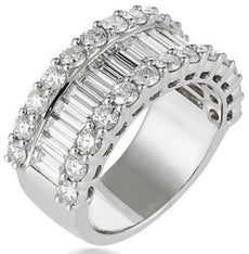 3.0CT DIAMOND 18KT WHITE GOLD 3D ROUND & BAGUETTE 3 ROW WEDDING ANNIVERSARY RING
