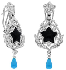 .63CT DIAMOND & AAA TURQUOISE & BLACK ENAMEL 14K WHITE GOLD DOUBLE STAR EARRINGS