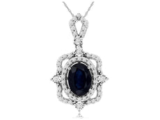 1.25CT DIAMOND & AAA SAPPHIRE 14KT WHITE GOLD 3D OVAL FILIGREE FLOATING PENDANT