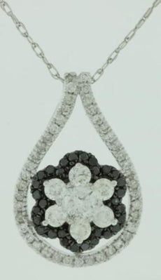 .62CT WHITE & BLACK DIAMOND 14KT WHITE GOLD 3D TEAR DROP FLOWER FLOATING PENDANT