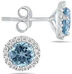 .91CT DIAMOND & AAA AQUAMARINE 14KT WHITE GOLD ROUND HALO CLASSIC STUD EARRINGS