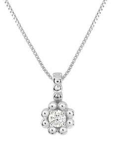 ESTATE .04CT DIAMOND 18K WHITE GOLD 3D CLASSIC SOLITAIRE FLOWER FLOATING PENDANT