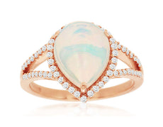 2.30CT DIAMOND & AAA OPAL 14K ROSE GOLD PEAR SHAPE & ROUND HALO CLASSIC FUN RING