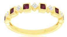 .45CT DIAMOND & AAA RUBY 14K YELLOW GOLD PRINCESS & ROUND BEZEL ANNIVERSARY RING