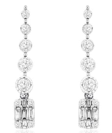 1.05CT DIAMOND 14KT WHITE GOLD ROUND & BAGUETTE CLUSTER JOURNEY HANGING EARRINGS