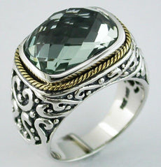 6.70CT AAA GREEN AMETHYST 925 SILVER & 14KT YELLOW GOLD CUSHION SOLITAIRE RING
