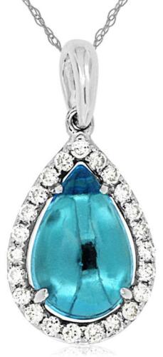 1.89CT DIAMOND & AAA CABOCHON BLUE TOPAZ 14KT WHITE GOLD PEAR SHAPE HALO PENDANT