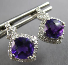 2.48CT DIAMOND & AAA AMETHYST 14KT WHITE GOLD CUSHION & ROUND HANGING EARRINGS