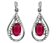 1.20CT DIAMOND & AAA RUBY 14K WHITE GOLD OVAL & ROUND TEAR DROP HANGING EARRINGS
