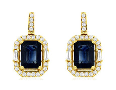 2.56CT DIAMOND & AAA SAPPHIRE 14K YELLOW GOLD EMERALD CUT HALO HANGING EARRINGS