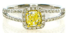 .74CT WHITE & FANCY YELLOW DIAMOND 18KT 2 TONE GOLD CUSHION HALO ENGAGEMENT RING