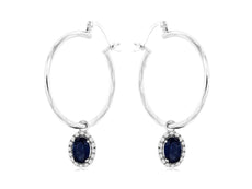 1.43CT DIAMOND & AAA SAPPHIRE 14KT WHITE GOLD HALO FLOWER HOOP HANGING EARRINGS
