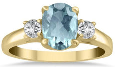 1.98CT DIAMOND & AAA AQUAMARINE 14KT YELLOW GOLD 3D OVAL & ROUND 3 STONE RING