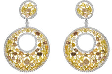EXTRA LARGE 13.5CT WHITE & MULTI COLOR DIAMOND 18K 2 TONE GOLD CIRCULAR EARRINGS
