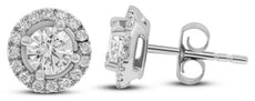 ESTATE .93CT DIAMOND 14KT WHITE GOLD 3D ROUND CLASSIC HALO FLOWER STUD EARRINGS