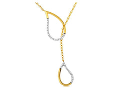 ESTATE .16CT DIAMOND 14KT YELLOW GOLD 3D DOUBLE TEAR DROP LARIAT LOVE NECKLACE