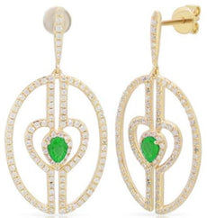 1.02CT DIAMOND & AAA EMERALD 14K YELLOW GOLD DOUBLE HEART OVAL FUN LOVE EARRINGS