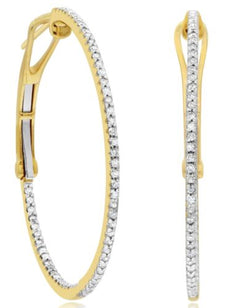 LARGE .76CT DIAMOND 14KT YELLOW GOLD 3D INSIDE OUT HOOP CLIP ON HANGING EARRINGS