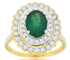 2.44CT DIAMOND & AAA EMERALD 14KT YELLOW GOLD OVAL & ROUND HALO ANNIVERSARY RING