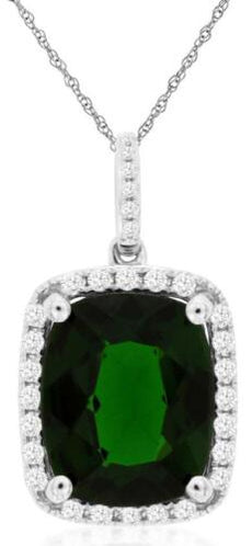 4.62CT DIAMOND & AAA RUSSALITE 14KT WHITE GOLD CUSHION & ROUND HALO LOVE PENDANT