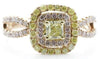 ESTATE 1.03CT WHITE & FANCY YELLOW DIAMOND 18K 2 TONE GOLD DOUBLE HALO LOVE RING