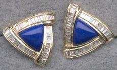 1.35CT DIAMOND & AAA LAPIS 14KT YELLOW GOLD 3D TRILLION & BAGUETTE FUN EARRINGS