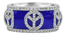 1.40CT DIAMOND & BLUE ENAMEL 18K WHITE GOLD PEACE SIGN ETERNITY ANNIVERSARY RING