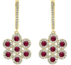1.03CT DIAMOND & AAA RUBY 14KT YELLOW GOLD MULTI FLOWER HUGGIE HANGING EARRINGS