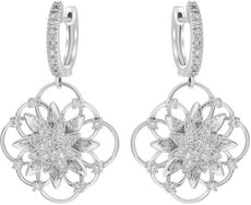 ESTATE .52CT DIAMOND 14KT WHITE GOLD CLASSIC FLOWER FUN HUGGIE HANGING EARRINGS
