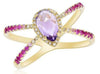 1.02CT DIAMOND & AAA AMETHYST 14KT YELLOW GOLD PEAR SHAPE CRISS CROSS FUN RING