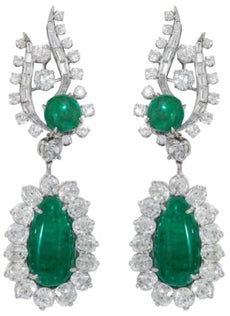 EXTRA LARGE 33.0CT DIAMOND & AAA EMERALD PLATINUM 3D FLORAL TEAR DROP EARRINGS