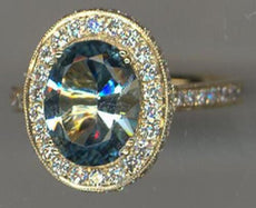 4.10CT DIAMOND & AAA AQUAMARINE 18KT YELLOW GOLD 3D OVAL & ROUND ENGAGEMENT RING