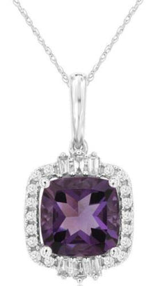 2.08CT DIAMOND & AAA AMETHYST 14K WHITE GOLD 3D CUSHION ROUND & BAGUETTE PENDANT