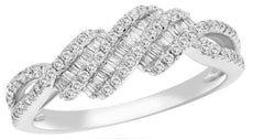 .53CT DIAMOND 14KT WHITE GOLD ROUND & BAGUETTE MULTI ROW LOVE KNOT DIAGONAL RING