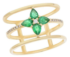 .53CT DIAMOND & AAA EMERALD 14KT YELLOW GOLD PEAR SHAPE & ROUND FLOWER FUN RING