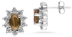 1.0CT DIAMOND & AAA SMOKY TOPAZ 14K WHITE GOLD OVAL & ROUND FLOWER STUD EARRINGS