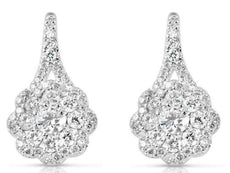 WIDE 1.01CT DIAMOND 14KT WHITE GOLD 3D ROUND INVISIBLE FLOWER HANGING EARRINGS