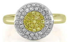 .59CT WHITE & FANCY YELLOW DIAMOND 18KT 2 TONE GOLD 3D CLUSTER FLOWER FUN RING