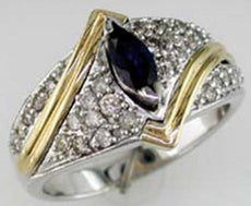 1.0CT DIAMOND & AAA SAPPHIRE 14K 2 TONE GOLD 3D MARQUISE & ROUND FRIENDSHIP RING