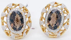 LARGE 7.75CT DIAMOND & AAA SMOKY TOPAZ 14KT YELLOW GOLD 3D OVAL & ROUND EARRINGS