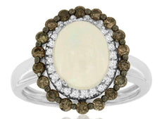 2.30CT WHITE & MOCHA DIAMOND & AAA OPAL 14KT WHITE GOLD OVAL & ROUND FLOWER RING