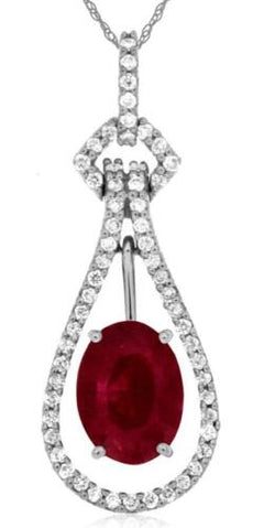 1.42CT DIAMOND & AAA RUBY 14K WHITE GOLD OVAL & ROUND TEAR DROP FLOATING PENDANT