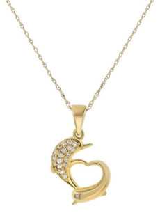 ESTATE .10CT DIAMOND 14KT YELLOW GOLD 3D HAPPY DOLPHIN LOVE FLOATING PENDANT
