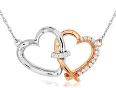 ESTATE .11CT DIAMOND 14KT WHITE & ROSE GOLD 3D DOUBLE HEART LOVE KNOT NECKLACE