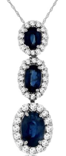 1.5CT DIAMOND & AAA SAPPHIRE 14KT WHITE GOLD OVAL & ROUND 3 STONE FLOWER PENDANT