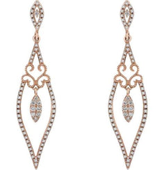 .60CT DIAMOND 14KT ROSE GOLD 3D ROUND FILIGREE LEAF TEAR DROP HANGING EARRINGS