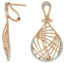 .30CT DIAMOND 14KT ROSE GOLD 3D CRISS CROSS TEAR DROP CLIP ON HANGING EARRINGS